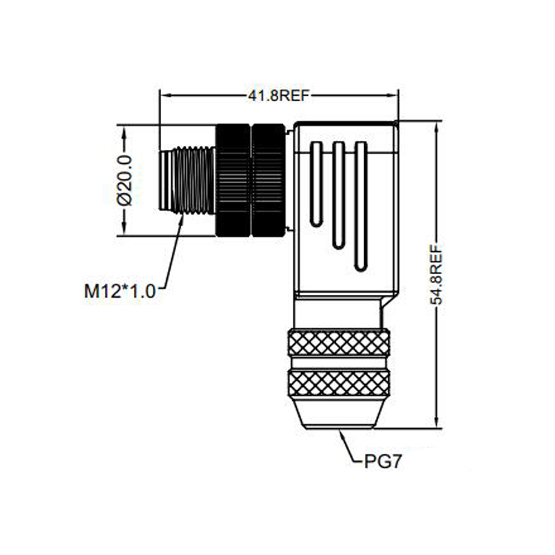 M12 3pins A code male right angle metal assembly connector PG7 thread,shielded,brass with nickel plated housing,suitable cable diameter 4.0mm-6.0mm